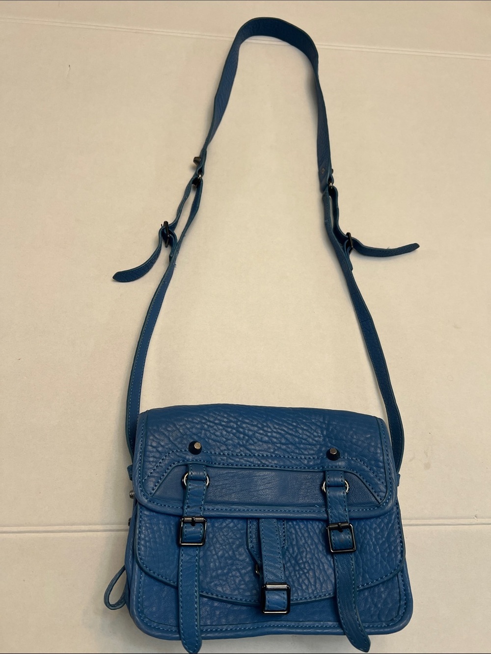 ASH  BLUE PEBBLED LEATHER SATCHEL BAG STUDS ROCKER CROSSBODY BAG
